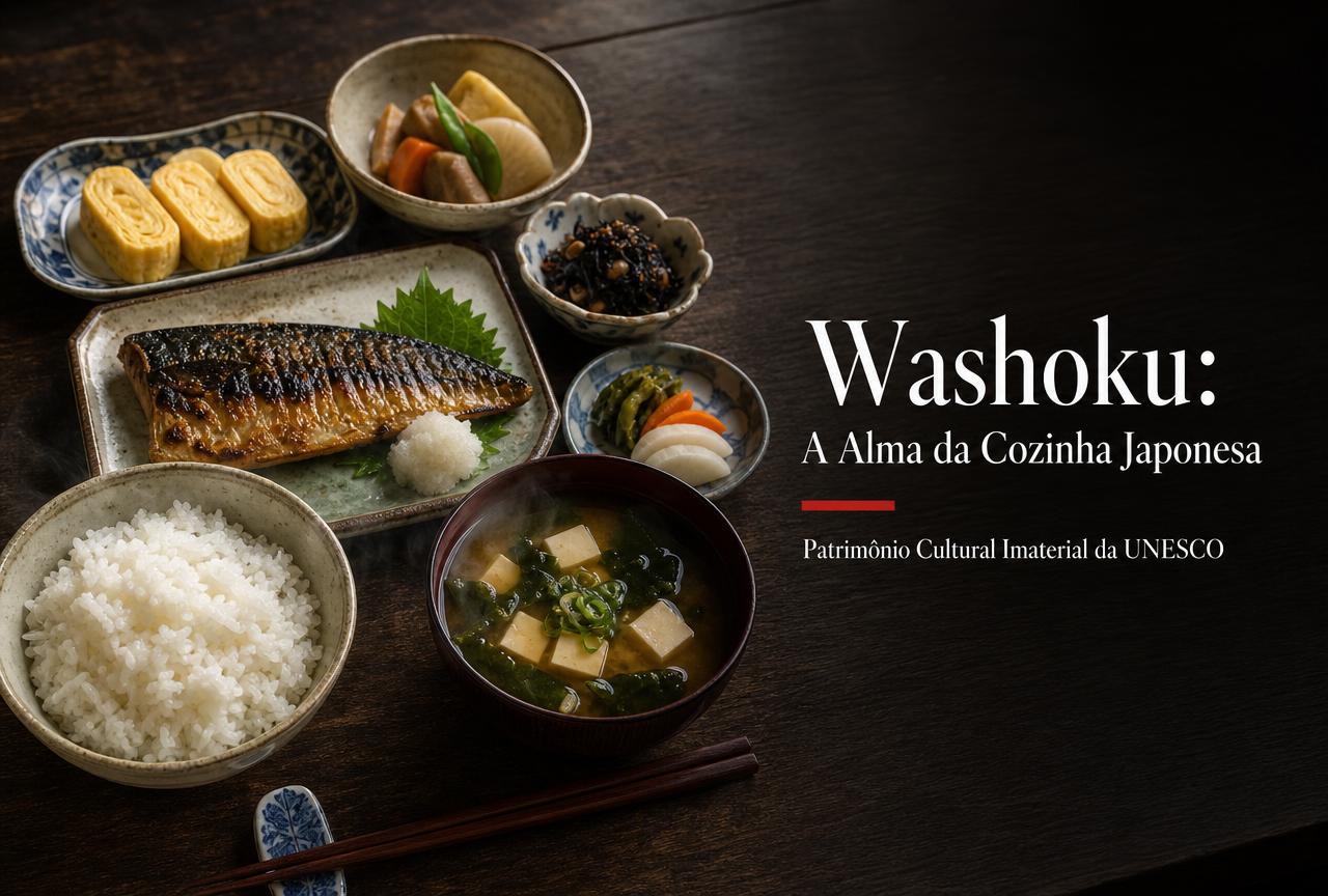 Refeição washoku tradicional com arroz branco, sopa de missô, peixe grelhado, tsukemono e pequenos pratos em cerâmica japonesa