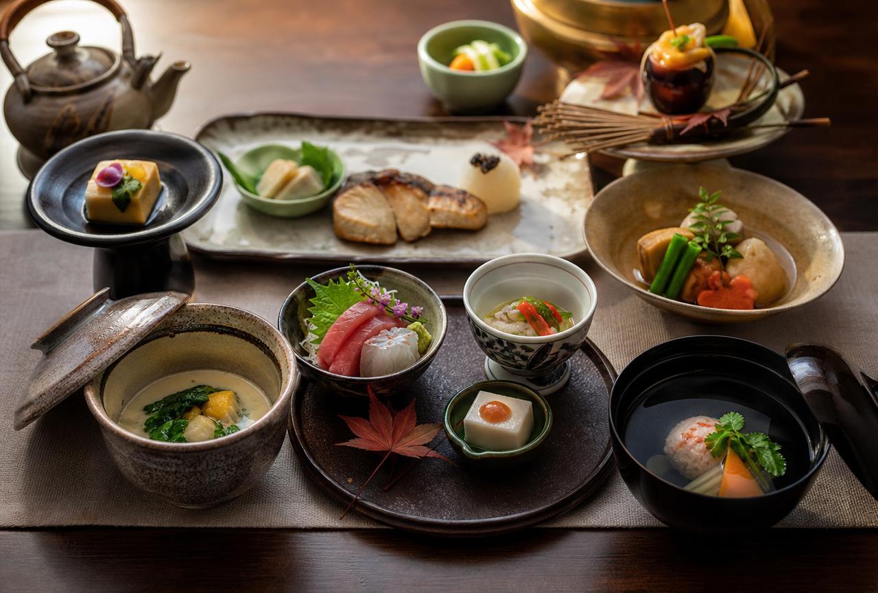 Caldo dashi sendo servido em tigela preta com katsuobushi, kombu e wakame ao fundo