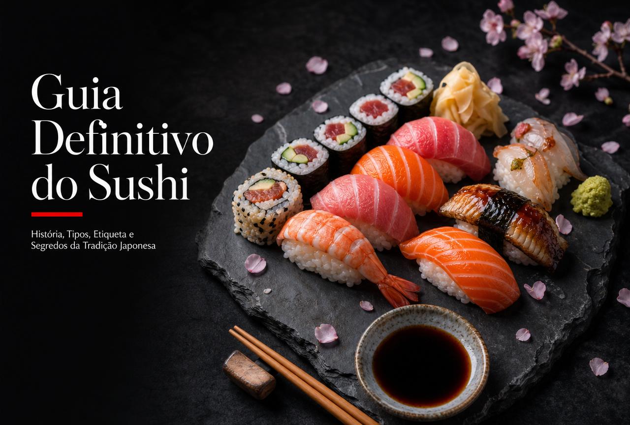 Assortimento de sushi tradicional com nigiri e maki de salmão, atum e camarão sobre pedra escura, acompanhado de shoyu, wasabi e gari