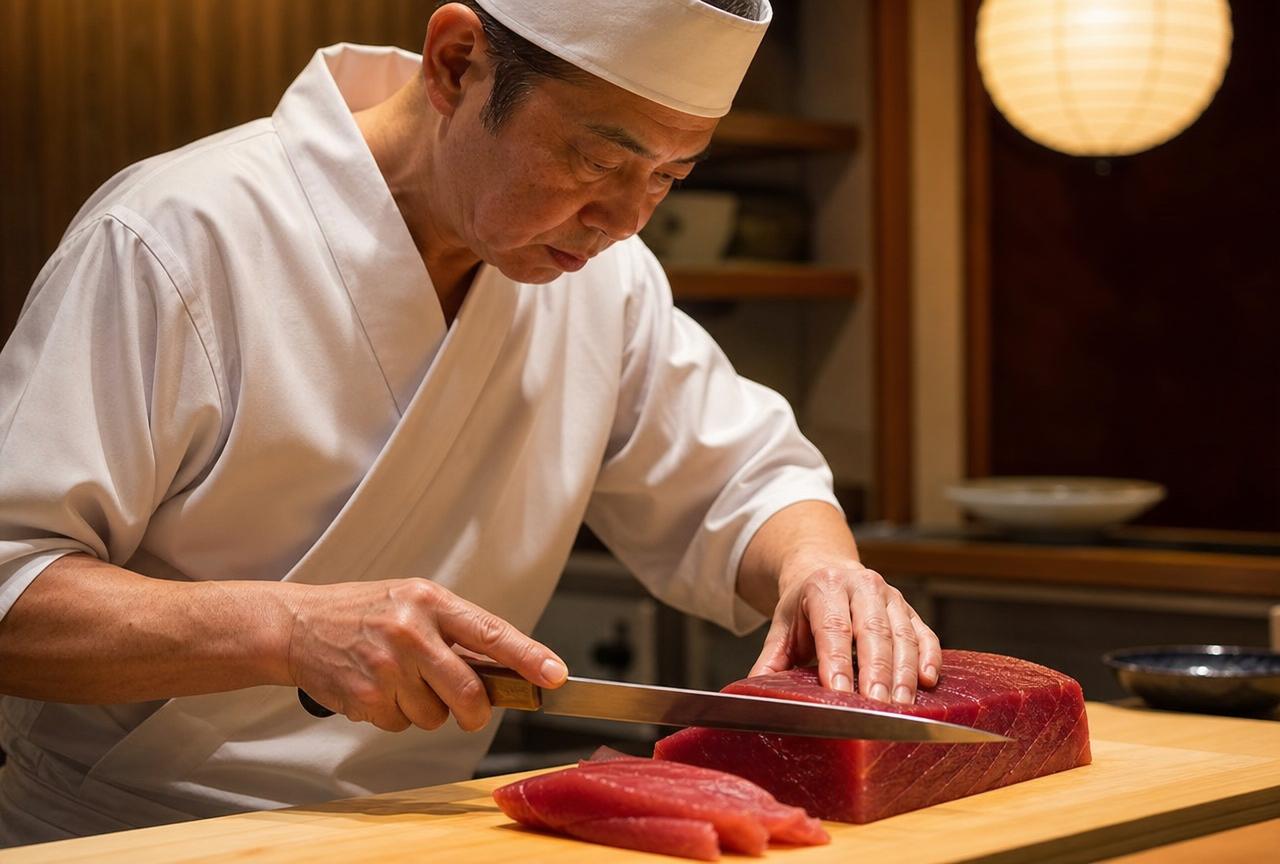 Itamae experiente cortando salmão com faca yanagiba em balcão tradicional de sushi